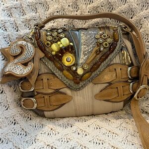 Bracher Emden Buckle Purse‎ Tan Beige Snakeskin Leather Embellished New